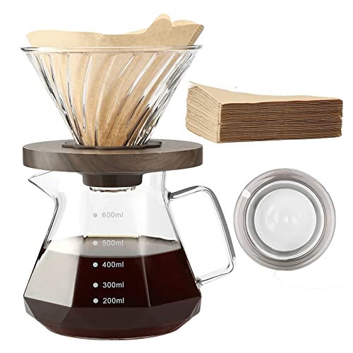 Lalord Pour Over Coffee Maker, 600 ml Borosilicate Glass Carafe with V60 Paper Filter 80 Sheets, Walnut Handle, Drip Coffee Maker for Home Café R