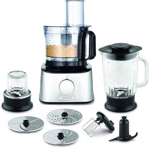 Kenwood Multipro Compact Food Processor, 1.2L Bowl, 1.2L Thermo-resist Glass Blender, Dough Hook, Whisk, Reversible Slicing and Grating Discs, Sp