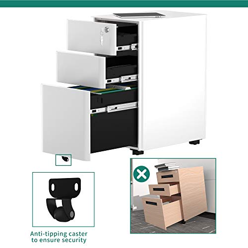 YITAHOME Fully Assembled 3-Drawers Rolling File Cabinet - Lockable Drawers, Home Office Mobile Filing Cabinet with Wheel, Under Desk File Cabinet