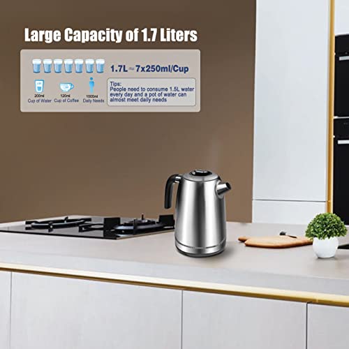 ExtraStar 1.7 Litre Fast Boil Electric Kettle, 2500-3000W Brushed Finish Stainless Steel Kettle, Measuring Window with Cup Level and LED Indicato