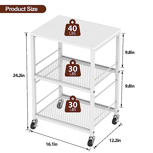 Printer Stand Cart White Rolling Printer Stand with Storage 3 Tier Printer Table with Shelves Storage Mobile Printer Shelf Rack Small Printer Tab