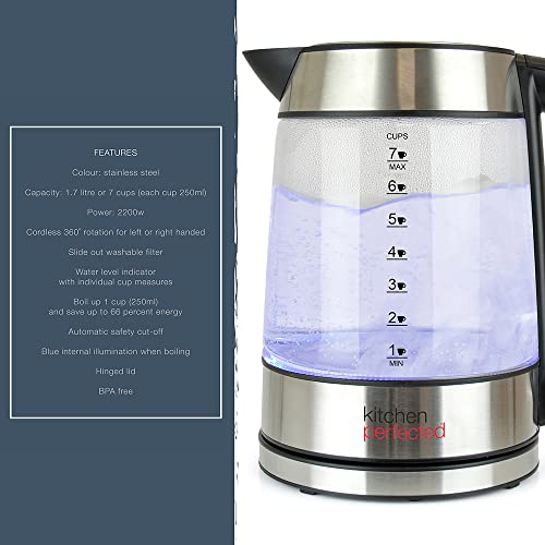 Kitchen Perfected Eco-Friendly Blue Illuminating Cordless Glass Kettle - 1.7Ltr, 2200w, Fast and Quiet Boil, 1 Cup in 60 seconds, Only boil what