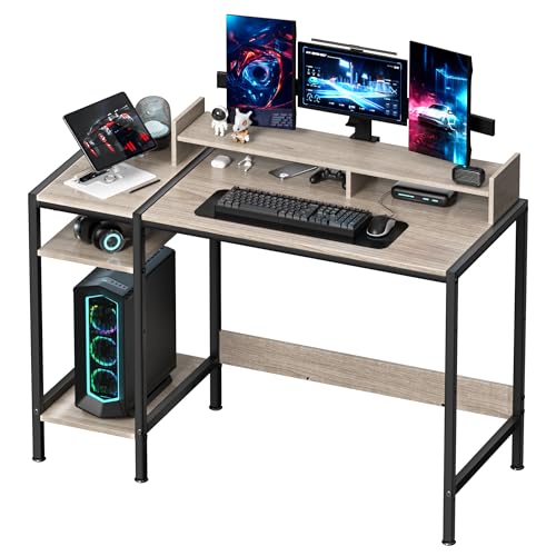 MINOSYS Computer Desk - 39” Gaming Desk, Home Office Desk with Storage, Small Desk with Monitor Stand, Rustic Writing Desk for 2 Monitors, Adjust