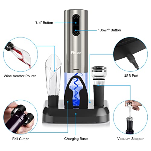Flauno Electric Wine Bottle Opener - Rechargeable Automatic Corkscrew Set - Electric Bottle Opener Set with Charging Base | Foil Cutter | Vacuum
