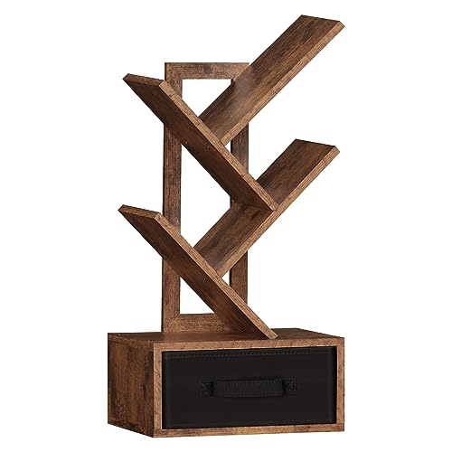 SHEEPAM Small Book Shelf with Drawer,3 Tier Black Tree Bookshelf,Wooden Desktop Bookcase,Modern Desk Display Storage Bookshelves,Floor Standing O