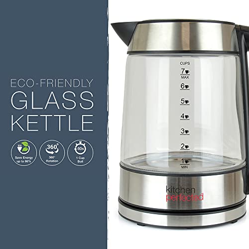 Kitchen Perfected Eco-Friendly Blue Illuminating Cordless Glass Kettle - 1.7Ltr, 2200w, Fast and Quiet Boil, 1 Cup in 60 seconds, Only boil what