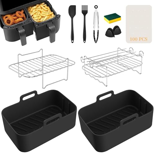 OKYUK Silicone Air Fryer Liners,11 Pcs Dual Air Fryer Silicone Liners Accessories Fit for or Ninja Dual AF300UK&AF400UK, Non-Stick,Easy Cleaning,