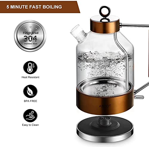 Electric Kettle, ASCOT Glass Electric Tea Kettle 1.6L 2200W Tea Heater & Hot Water Boiler, Borosilicate Glass, BPA-Free, Auto Shut-Off and Boil-D