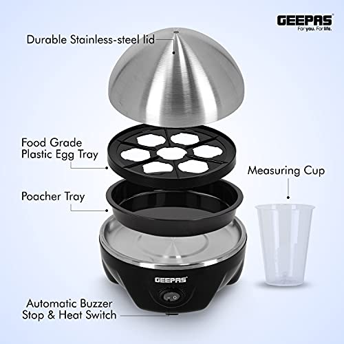 Geepas 3-in-1 Egg Boiler Poacher, 350W | Electric Egg Cooker & Omelette Maker, Vegetable Steamer | Poaching Bowl, Measuring Cup with Egg Piercer
