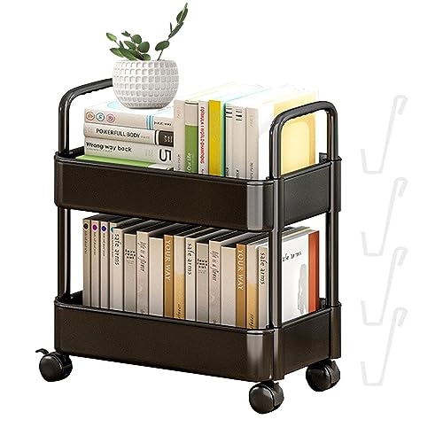 Under Desk Rolling Cart, Movable Bookshelf Cart, Mobile Book Cart Organizer, 2 Tier Bookshelf, Cart Rolling Storage Organizer for Office Home Kit