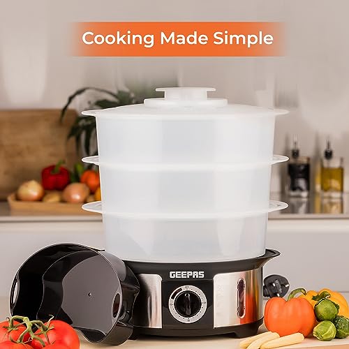 Geepas 3-Tier Food Steamer, 12L Capacity | Electric Vegetable Steamer with BPA Free Removable Baskets for Healthy Steam Cooking | 75 Minutes Time