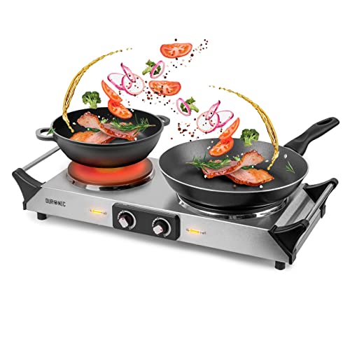 Duronic Hot Plate HP2 BK, Table-Top Cooking, 2500W Black Steel Electric Double Hob with Handles, 2 Cast Iron Portable Hob Rings (1500W & 1000W) f