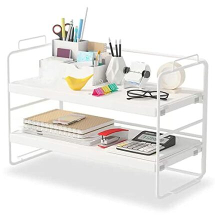 2-Tier Adjustable Desktop Organizer Shelf, Small Desk Shelf Organizer, Storage Rack for Office Supplies (White)