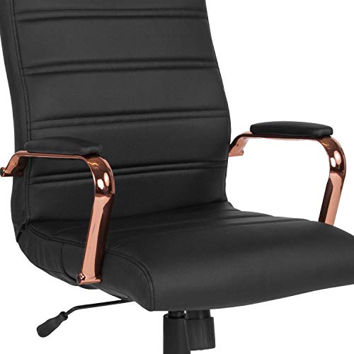 EMMA + OLIVER High Back Black LeatherSoft Executive Swivel Office Chair - Rose Gold Frame/Arms