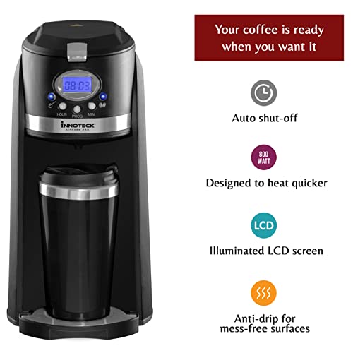 Innoteck Travel Filter Coffee Maker Grind and Brew 2 in 1 On-The-Go Automatic Coffee Machine with Stainless Steel Thermo Travel Mug, Black/Chrome