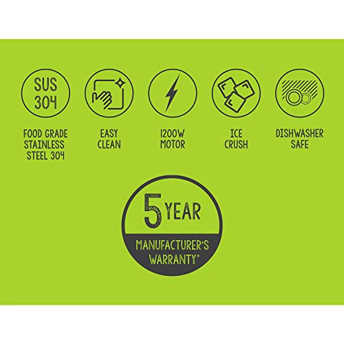 healthkick 1200w Ice Crushing Smoothie Blender - 1.8L Glass Jug - 3 Programmes: Pulse/Ice Crush/Smoothie - Variable Speed Control - Free Health a