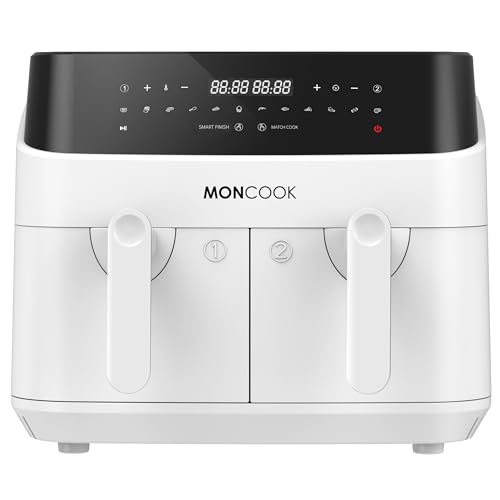 MONCOOK Double Air Fryer - 2 In 1 Airfryer 9L With 2 x 4.5L Baskets - 50 Recipe Cookbook - Smart Finish Function - Digital LED Display Airfryer -