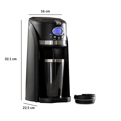 Innoteck Travel Filter Coffee Maker Grind and Brew 2 in 1 On-The-Go Automatic Coffee Machine with Stainless Steel Thermo Travel Mug, Black/Chrome
