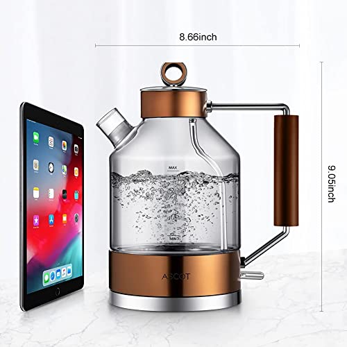 Electric Kettle, ASCOT Glass Electric Tea Kettle 1.6L 2200W Tea Heater & Hot Water Boiler, Borosilicate Glass, BPA-Free, Auto Shut-Off and Boil-D