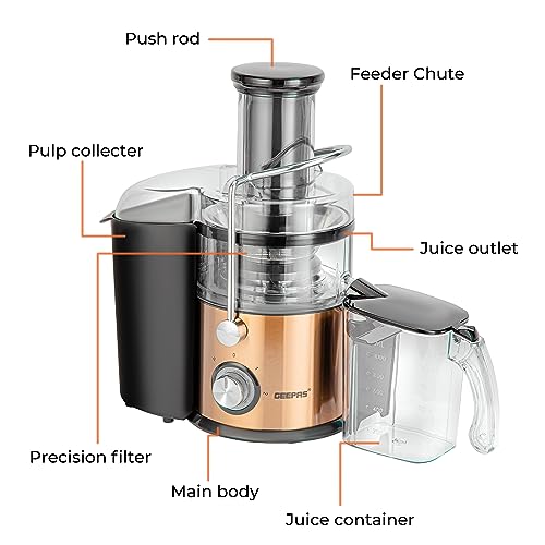 Geepas Juice Extractor, Centrifugal Juicer Machine - Whole Fruit & Vegetable Juicer - Stainless Steel Body & Extra Filter Basket - 75MM Wide Mout