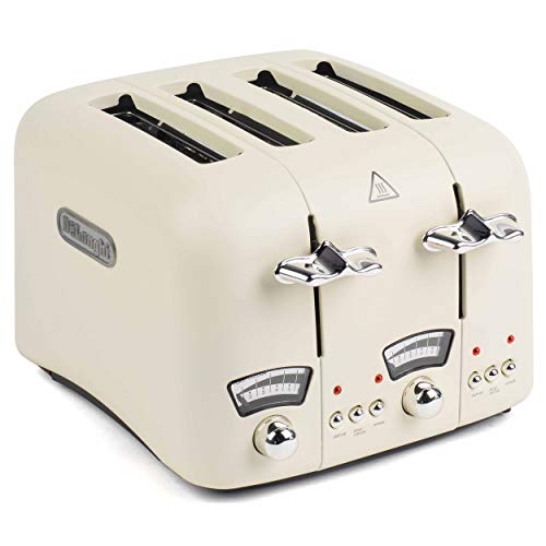 DeLonghi CT04E Argento Retro-Style Four Slice Toaster, 1600 W, Stainless Steel, Cream