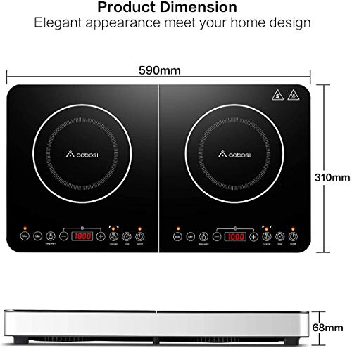 Aobosi Double Induction Hob,Induction Hobs with Slim Black Crystal Panel Body, Independent Control,Induction Cooker with 10 Temperature Setting,4