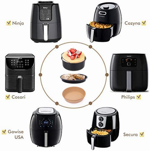 Air Fryer Accessories, Includes 7 inch Cake Barrel, Pizza Pan and 50Pcs Non-stick Disposable Air Fryer Liners Baking Paper, Silicone Basting Past