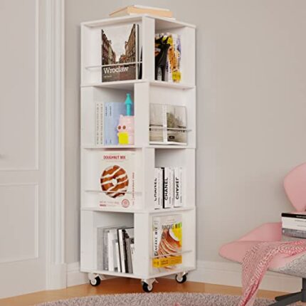 Canbrake 4 Tier 360° Rotating Bookshelf, Corner Bookshelf with Wheels, Rotating Stackable Shelves, Display Floor Standing Bookcase Storage,Multi-