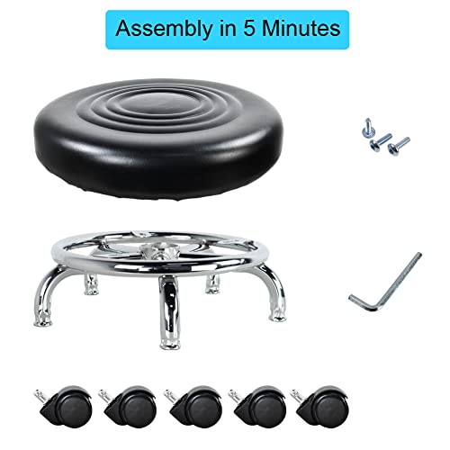 WKWKER Modern Roller Seat PU Leather Low Round Rolling Stool Swivel Small Stool with Universal Caster Wheels for Home Office Garage Shop Fitness