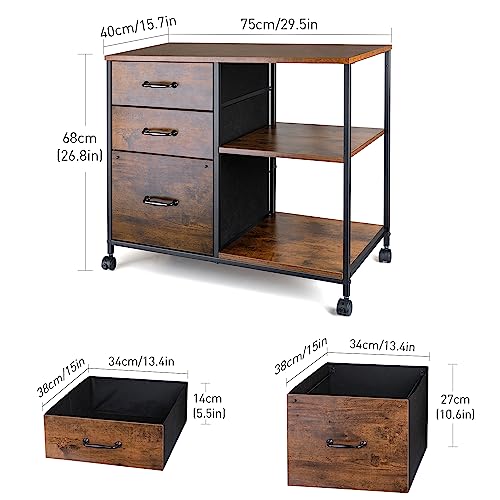 Finnhomy 3-Drawer Mobile File Cabinet for Home Office, Fabric Lateral Filing Cabinet with Wooden Board, Printer Stand with Open Storage Shelves f