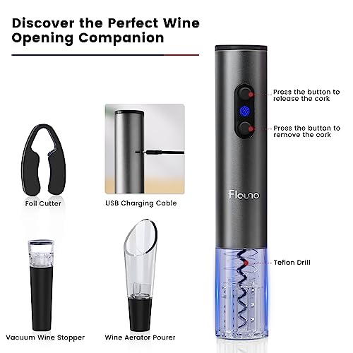 Flauno Electric Wine Bottle Opener - Automatic Corkscrew Wine Opener Set - Electric Wine Opener Rechargeable with Foil Cutter, Vacuum Stopper, Ae