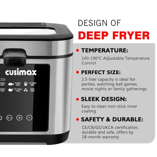 CUSIMAX Deep Fryer, 2.5L Deep Fat Fryer with Touchscreen, 1200W Countertop Fryer with Viewing Window, Stainless Steel Basket with Safety Handle,