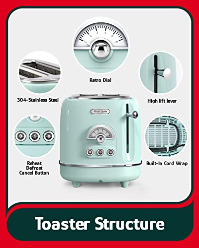 Hazel Quinn 2 Slice Retro Toaster, 6 Browning Levels, 3 Functions-Defrost/Reheat/Cancel, Removable Crumb Tray for Easy to Clean, 1.5 Inches Extra