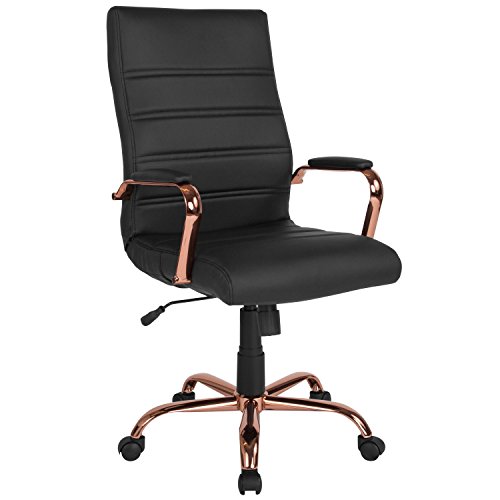 EMMA + OLIVER High Back Black LeatherSoft Executive Swivel Office Chair - Rose Gold Frame/Arms