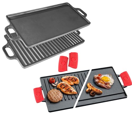 Cast Iron Griddle Grill Pan, Nonstick Griddle Grill with Dual Handles, Pre-Seasoned Reversible Grilling Plate, Double Burner Stovetop Skillet, BB