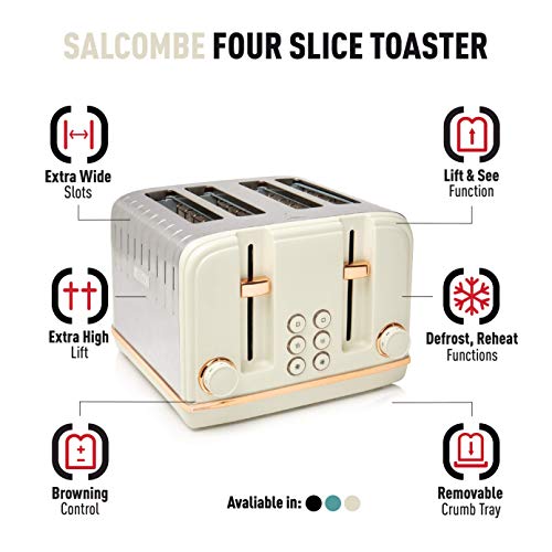 Haden Salcombe Cream Toaster 4 Slice - Electric Stainless Steel Toaster 4 Slice - Adjustable Browning Control - Reheat and Defrost Functions - Se