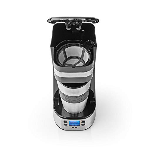 Ex-Pro Single Serve Coffee 1 Cup Maker Digital Machine and Double Wall Insulated Travel Mug, with Timer, Stainless Steel, 420ml - Silver/Black