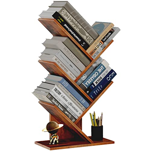 RUISHENG Tree Bookshelf, 4 Shelves Bookcase for Books/Magazines/CDs, Floor Standing Bookshelf for Office, Bedroom, Home (Rustic Brown)