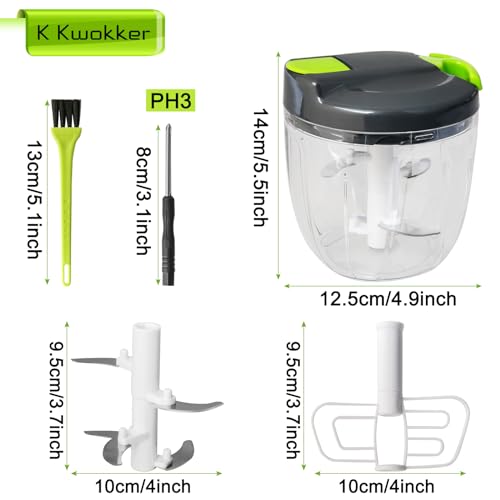 K Kwokker Manual Food Chopper, 900ml Manual Food Processors Pull String with 10 Sharp 420 Stainless Steel Blades, Vegetable Chopper Shredder, Oni