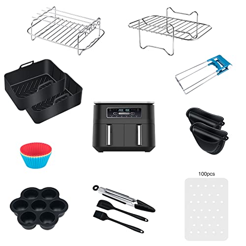Dual Air Fryer Accessories for Ninja: Silicone Air Fryer Liners for Tower T17088 | Foodi Af400uk Af300uk 9.5L - Reusable Airfryer Basket Rack for