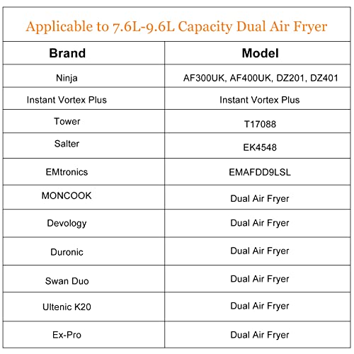 Dual Air Fryer Accessories for Ninja: Silicone Air Fryer Liners for Tower T17088 | Foodi Af400uk Af300uk 9.5L - Reusable Airfryer Basket Rack for