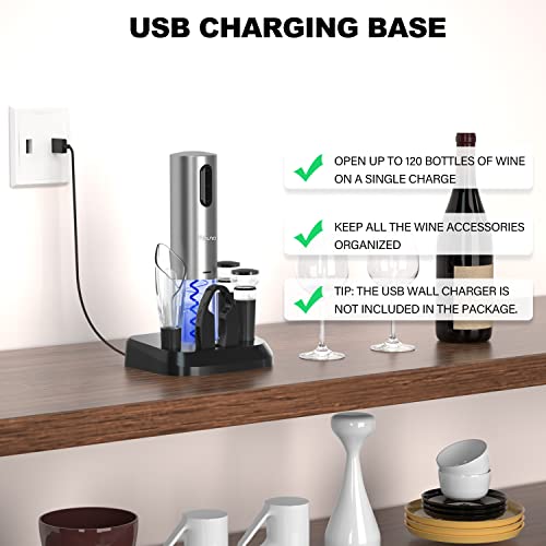 Flauno Electric Wine Bottle Opener - Rechargeable Automatic Corkscrew Set - Electric Bottle Opener Set with Charging Base | Foil Cutter | Vacuum
