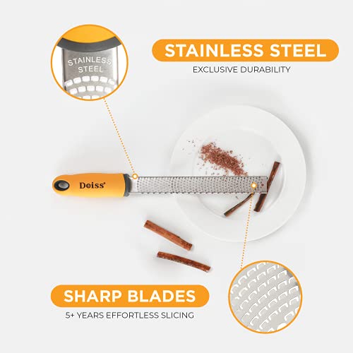 Deiss PRO Citrus Zester & Cheese Grater — Parmesan Cheese Lemon, Ginger, Garlic, Nutmeg, Chocolate, Vegetables, Fruits - Razor-Sharp Stainless St