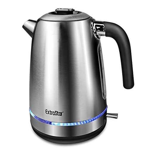 ExtraStar 1.7 Litre Fast Boil Electric Kettle, 2500-3000W Brushed Finish Stainless Steel Kettle, Measuring Window with Cup Level and LED Indicato