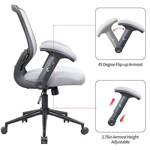 LONGBOSS Office Chair, Mid Back Home Office Computer Desk Chairs and Built-in Lumbar Support Flipped Arms Adjustable Height (Gray)