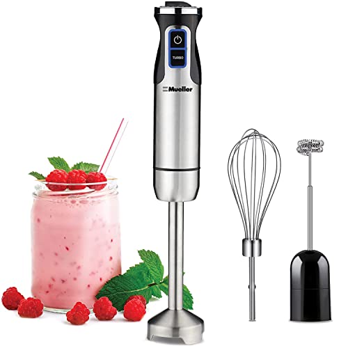 Mueller Ultra-Stick 800 Watt 9-Speed Immersion Multi-Purpose Hand Blender Heavy Duty Copper Motor Brushed 304 Stainless Steel With Whisk, Milk Fr