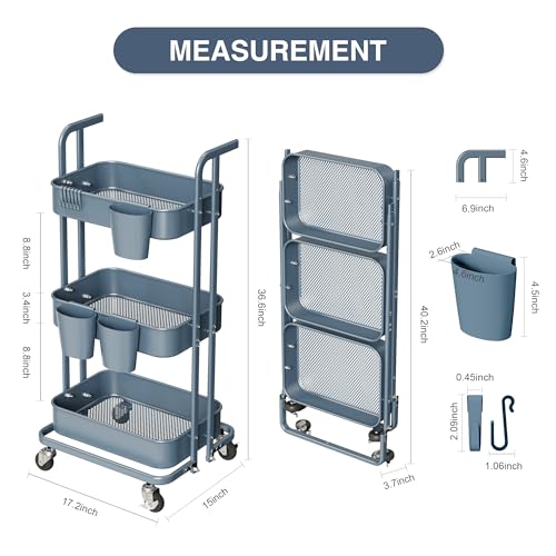 Merapi 3 Tier Foldable Rolling Cart, Metal Utility Cart with Wheels, 3 Hanging Cups and 6 Hooks, Folding Trolley for Living Room, Kitchen, Bathro