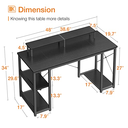 ODK Computer Desk with Shelves, 48" Home Office Desk with Storage, Gaming Desk, Modern Simple Style PC Desk, Stable Workstation, Black