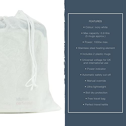 KitchenPerfected 1000w 0.9Ltr Corded Lightweight Travel Kettle with 2 cups - Cream - E1201WI