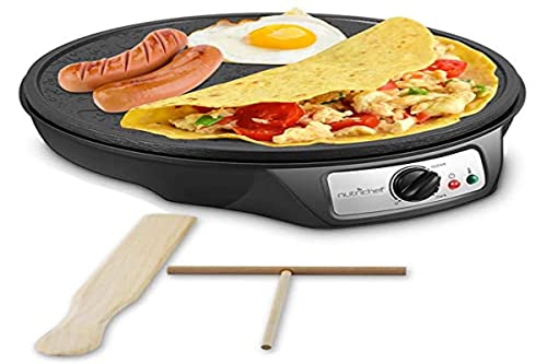 Nutrichef Nonstick 12 Inch Aluminum Hot Plate with LED Indicator Lights & Adjustable Temperature Control-Wooden Spatula & Batter Spreader Include